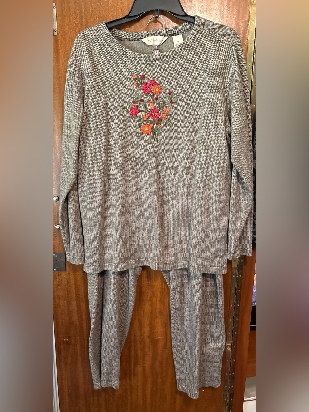 Bechamel Gray Knit Pantsuit with Embroidered Floral Detail